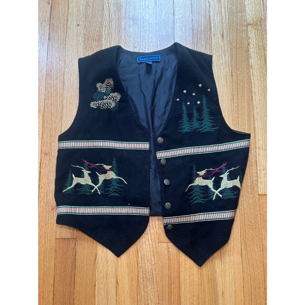 Karen Scott Womens Black Christmas Reindeer Embroidered Vest Large Vintage